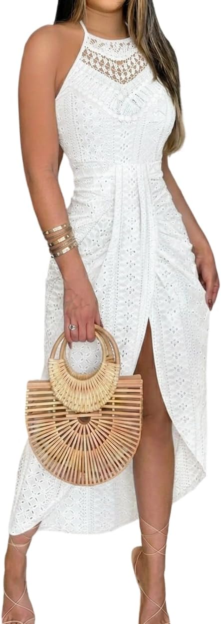Eyelet Halter Cut-Out A-Line Dress in White