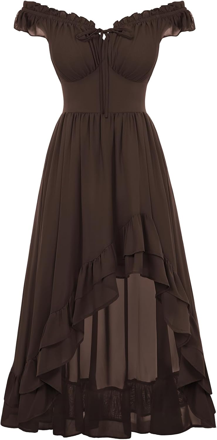 Off-Shoulder Chiffon Corset High-Low Dress in Dark Brown