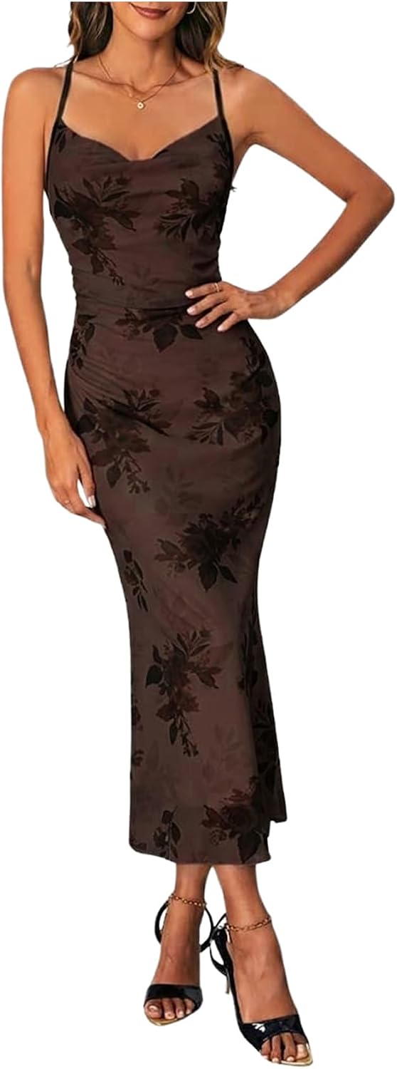 Floral Mesh Cowl-Neck Cami Maxi Dress in Khaki Floral