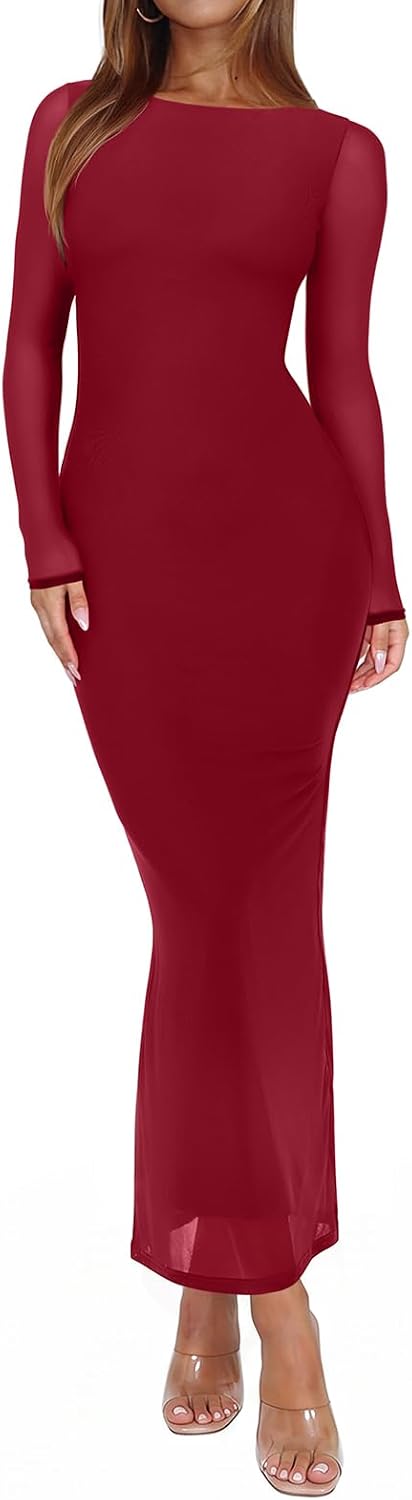 Sheer Mesh Long-Sleeve Floral Bodycon Maxi Dress in Emboldened