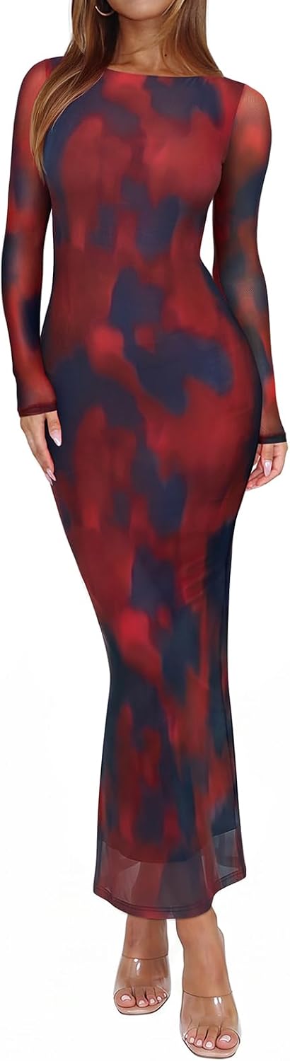 Sheer Mesh Long-Sleeve Floral Bodycon Maxi Dress in Red Blue Vision
