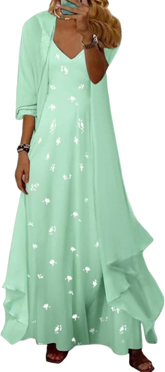 Spaghetti Strap Dress with Sheer Cardigan, 2-Piece Set in Mintgreen