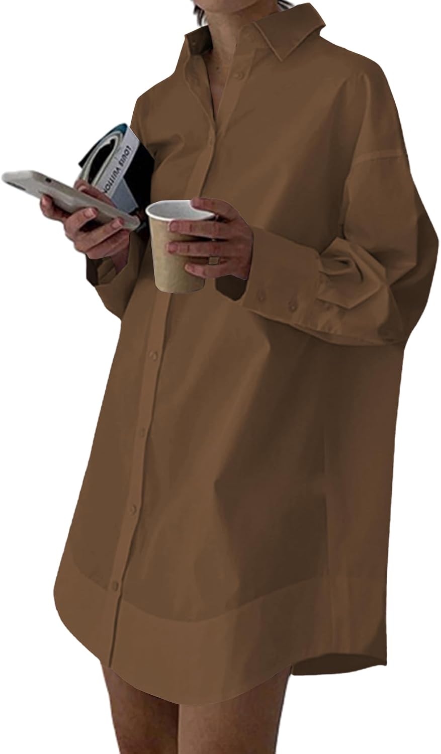 Collared V-Neck Long-Sleeve Button-Down Shirt Dress in Light Brown