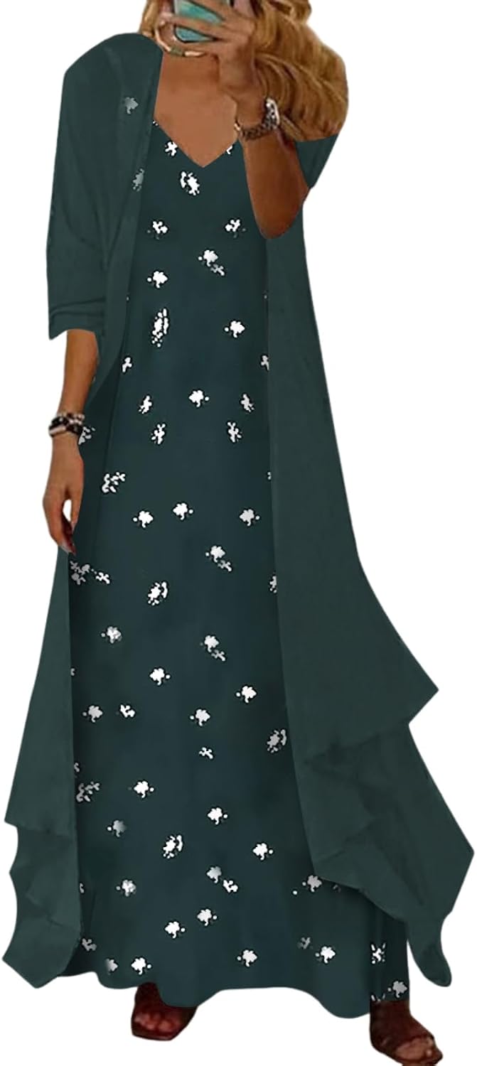Spaghetti Strap Dress with Sheer Cardigan, 2-Piece Set in Dark Green