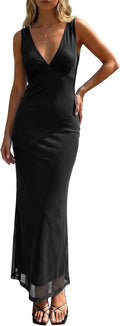 Polka Dot Mesh Deep V-Neck Backless Maxi Dress in Black