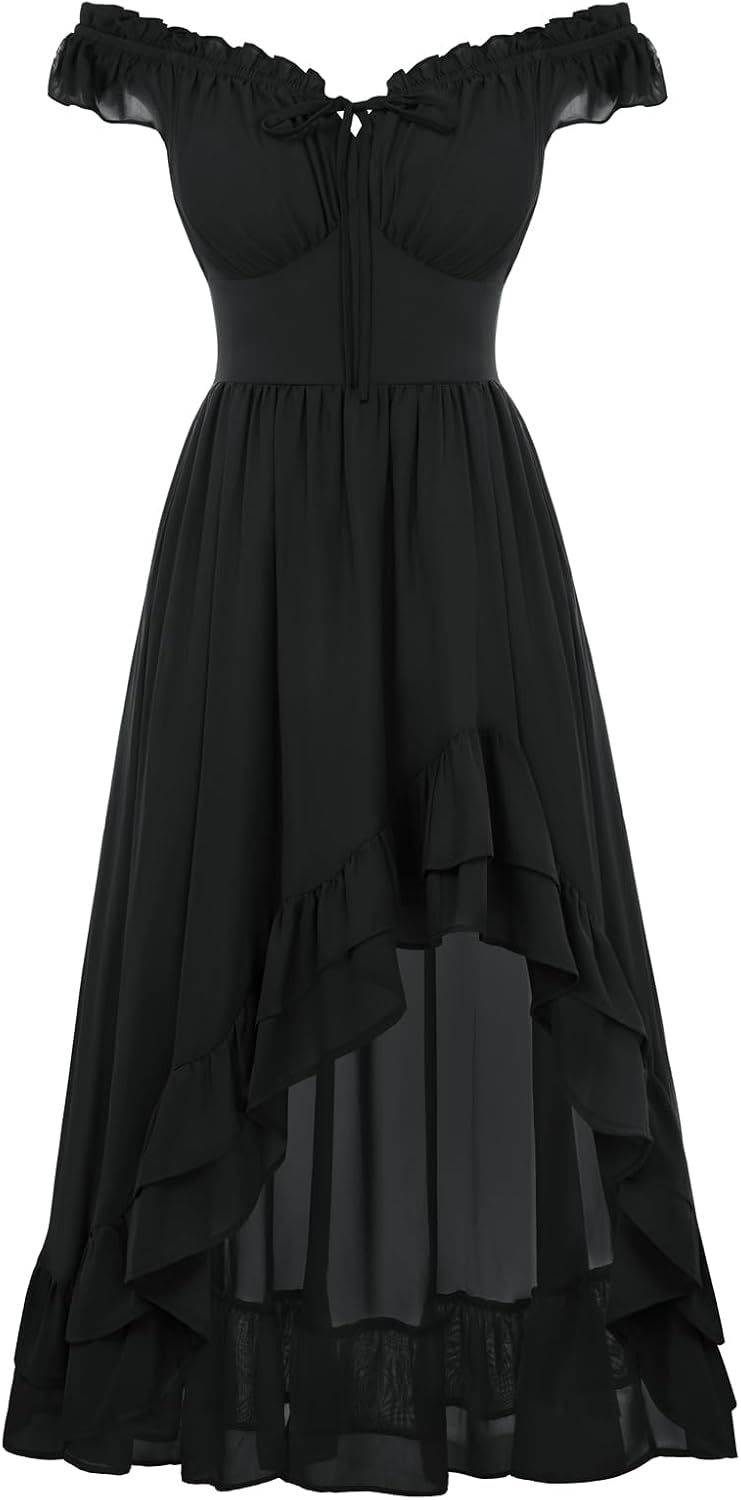 Off-Shoulder Chiffon Corset High-Low Dress in Black