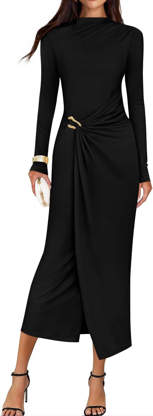 Button-Trim Long-Sleeve Ruched Knit Midi Dress in Black