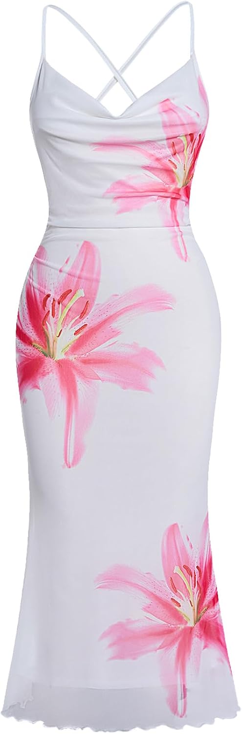 Floral Mesh Cowl-Neck Cami Maxi Dress in Pink Flower Print