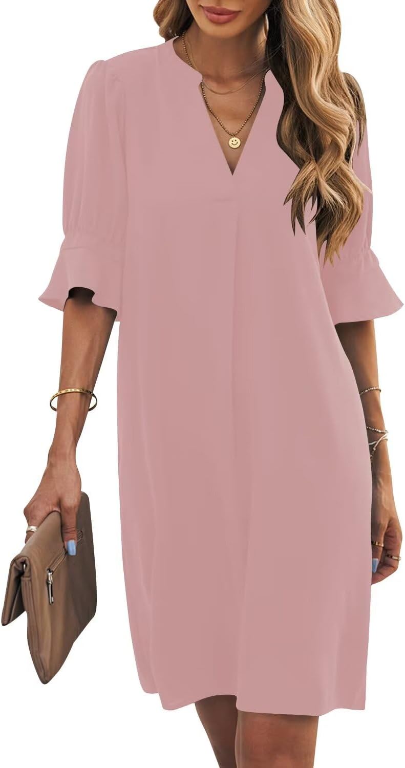 Ruffle-Sleeve V-Neck Swing Shift Mini Dress in Gray Pink