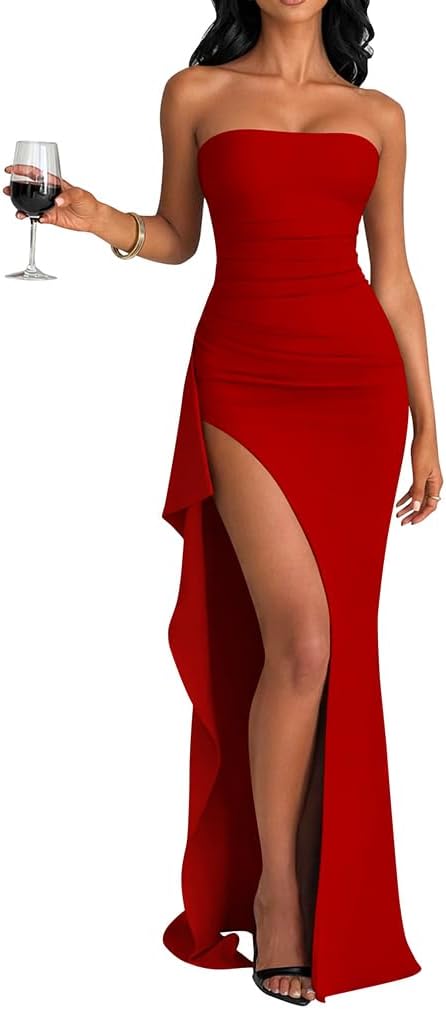 Strapless Ruched Bodycon Maxi Dress in Red
