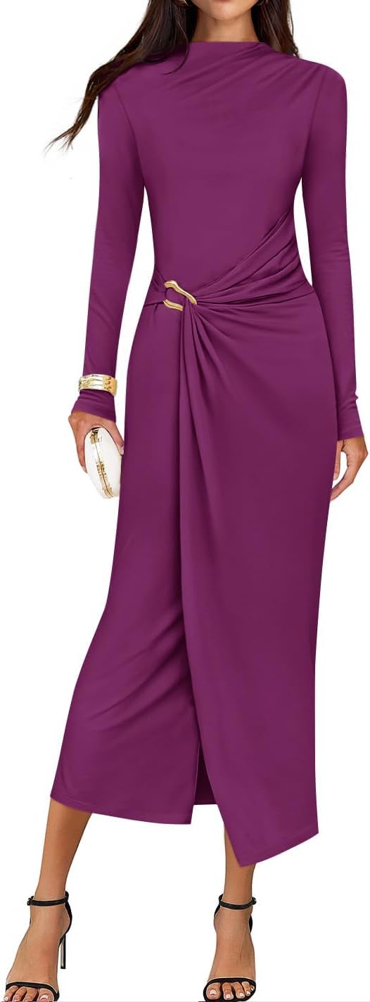 Button-Trim Long-Sleeve Ruched Knit Midi Dress in Eggplant