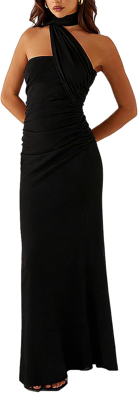 Floral Strapless Tube Maxi Dress with Scarf in Black
