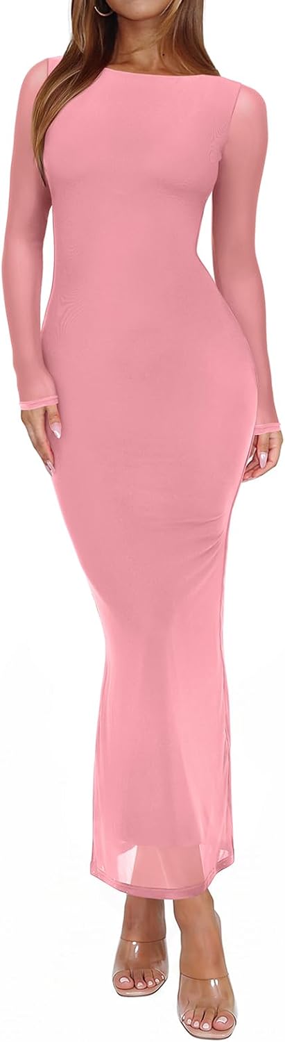 Sheer Mesh Long-Sleeve Floral Bodycon Maxi Dress in Pink Dolphin