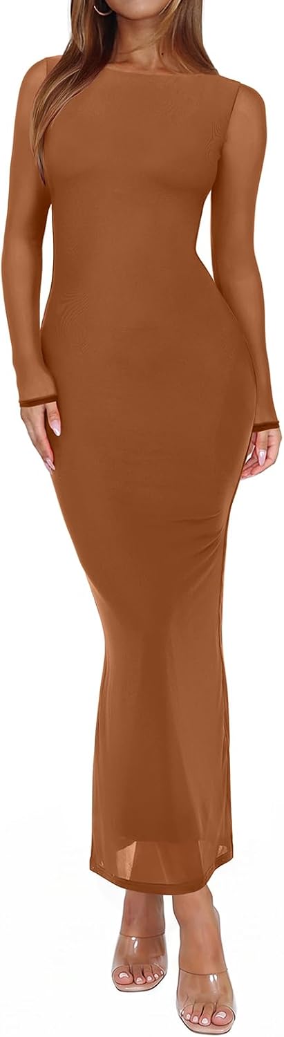 Sheer Mesh Long-Sleeve Floral Bodycon Maxi Dress in Brown