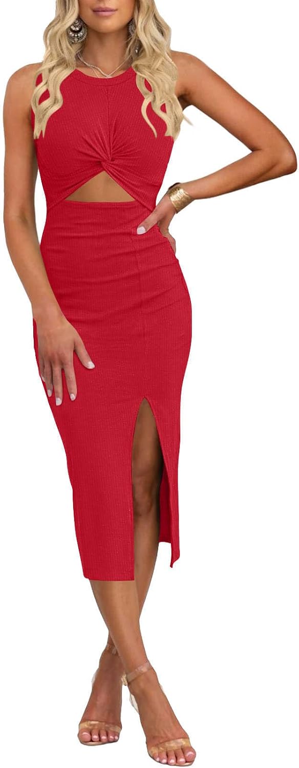 Rib Knit Twist-Front Cut-Out Midi Dress in Wine Red