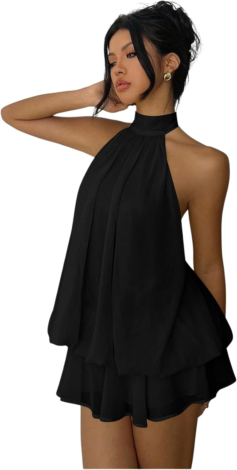 Chiffon Halter Drop-Waist Ruffle-Hem Mini Dress in Black