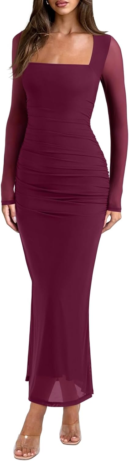 Sheer Mesh Square-Neck Long-Sleeve Ruched Maxi Dress in Cordovan
