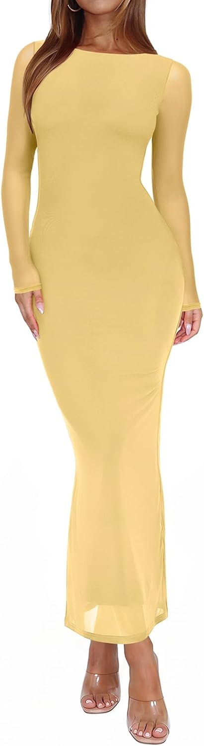 Sheer Mesh Long-Sleeve Floral Bodycon Maxi Dress in Popcorn