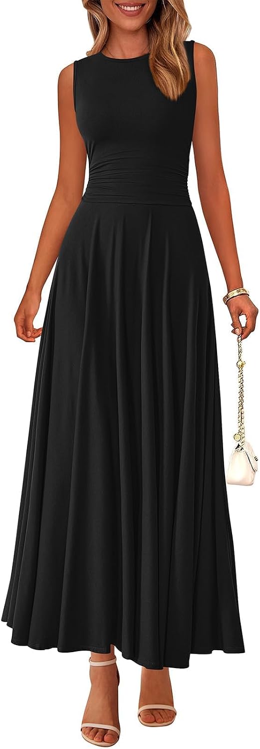 Rib Knit Crew-Neck Sleeveless A-Line Maxi Dress in Black