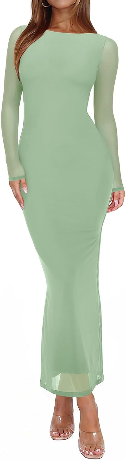 Sheer Mesh Long-Sleeve Floral Bodycon Maxi Dress in Sage Green