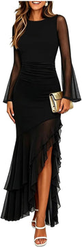 Ruched Mesh Long-Sleeve Mermaid Maxi Dress in Black