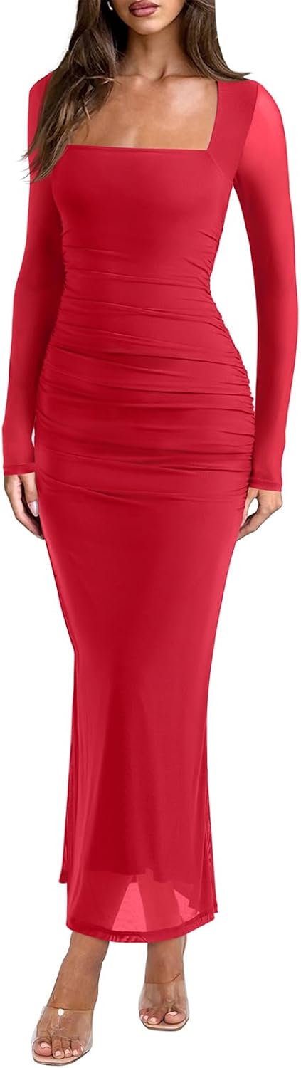 Sheer Mesh Square-Neck Long-Sleeve Ruched Maxi Dress in Watermelon