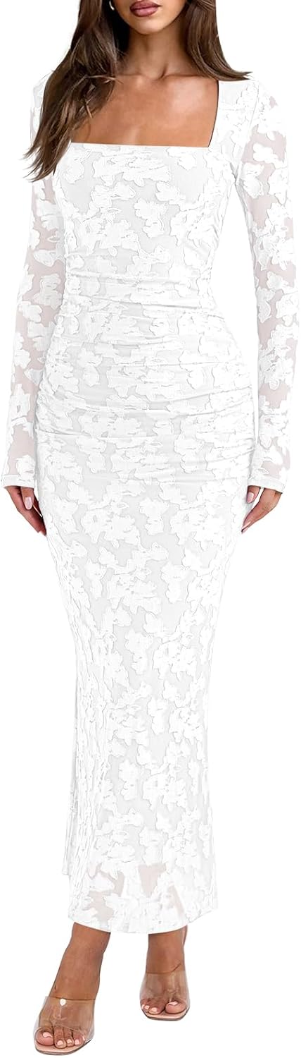 Sheer Mesh Square-Neck Long-Sleeve Ruched Maxi Dress in White Floral