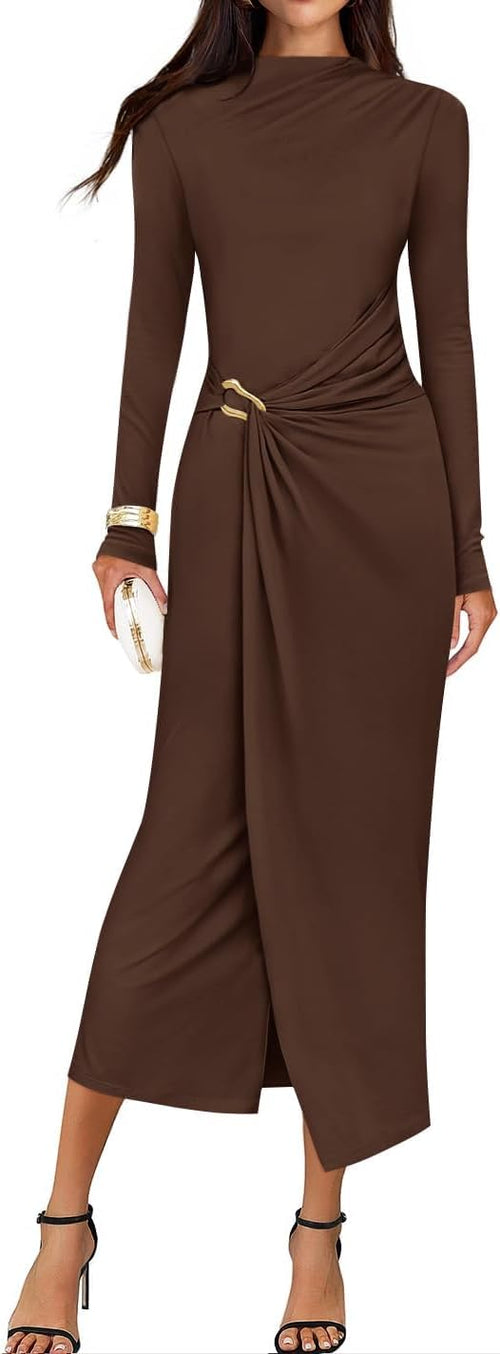 Button-Trim Long-Sleeve Ruched Knit Midi Dress in Brown