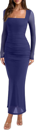 Sheer Mesh Square-Neck Long-Sleeve Ruched Maxi Dress in Bellwether Blue