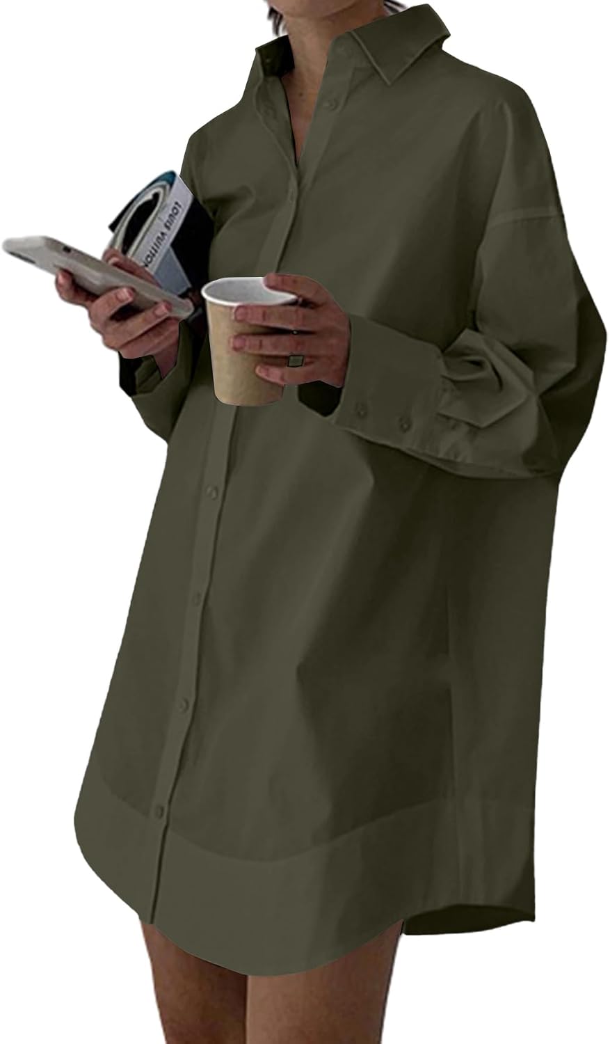 Collared V-Neck Long-Sleeve Button-Down Shirt Dress in Army Green
