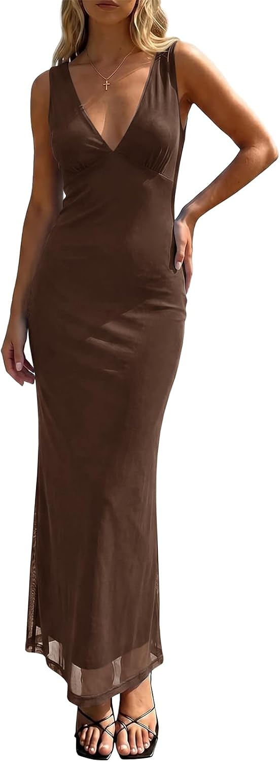 Polka Dot Mesh Deep V-Neck Backless Maxi Dress in Brown