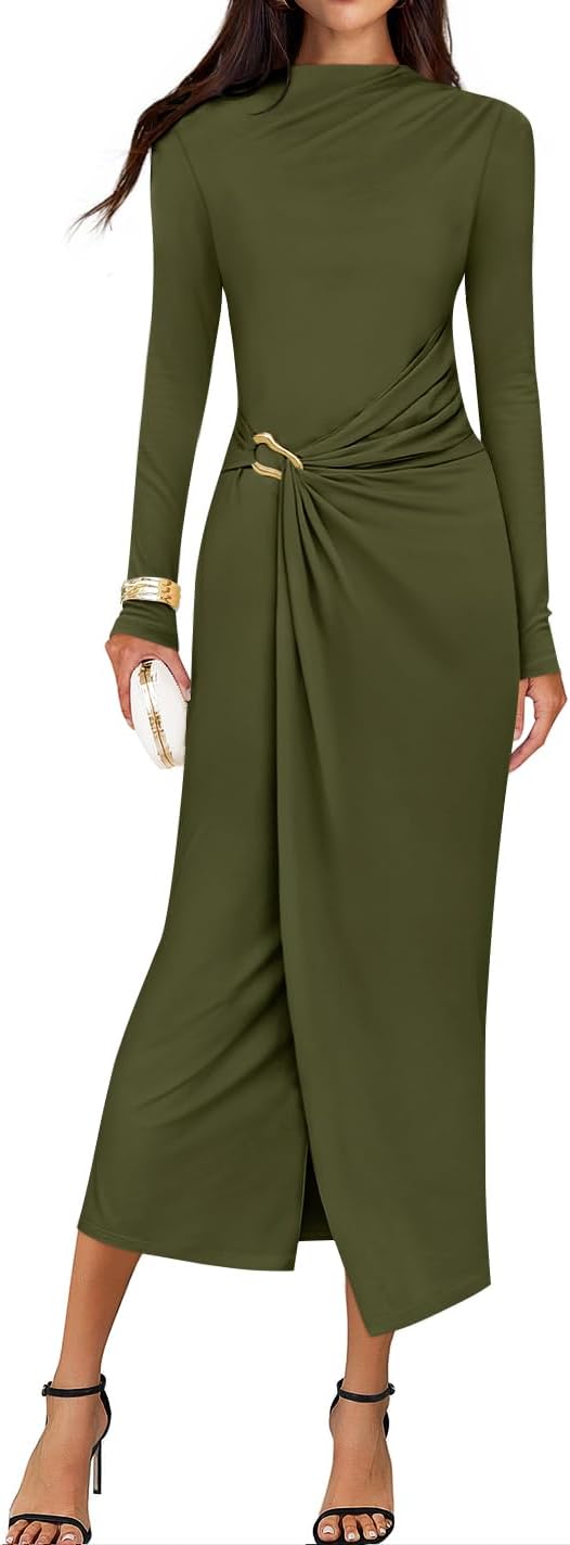 Button-Trim Long-Sleeve Ruched Knit Midi Dress in Army Green