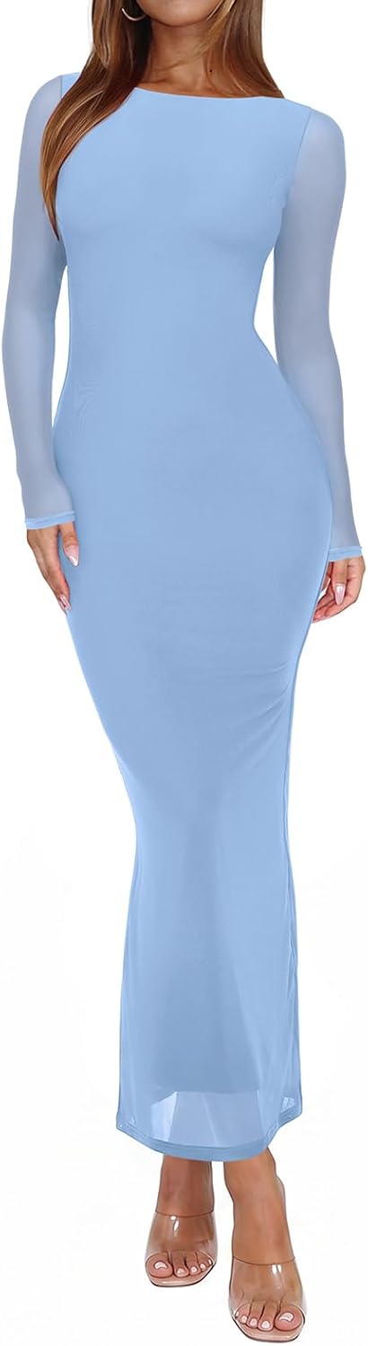 Sheer Mesh Long-Sleeve Floral Bodycon Maxi Dress in Haze Blue