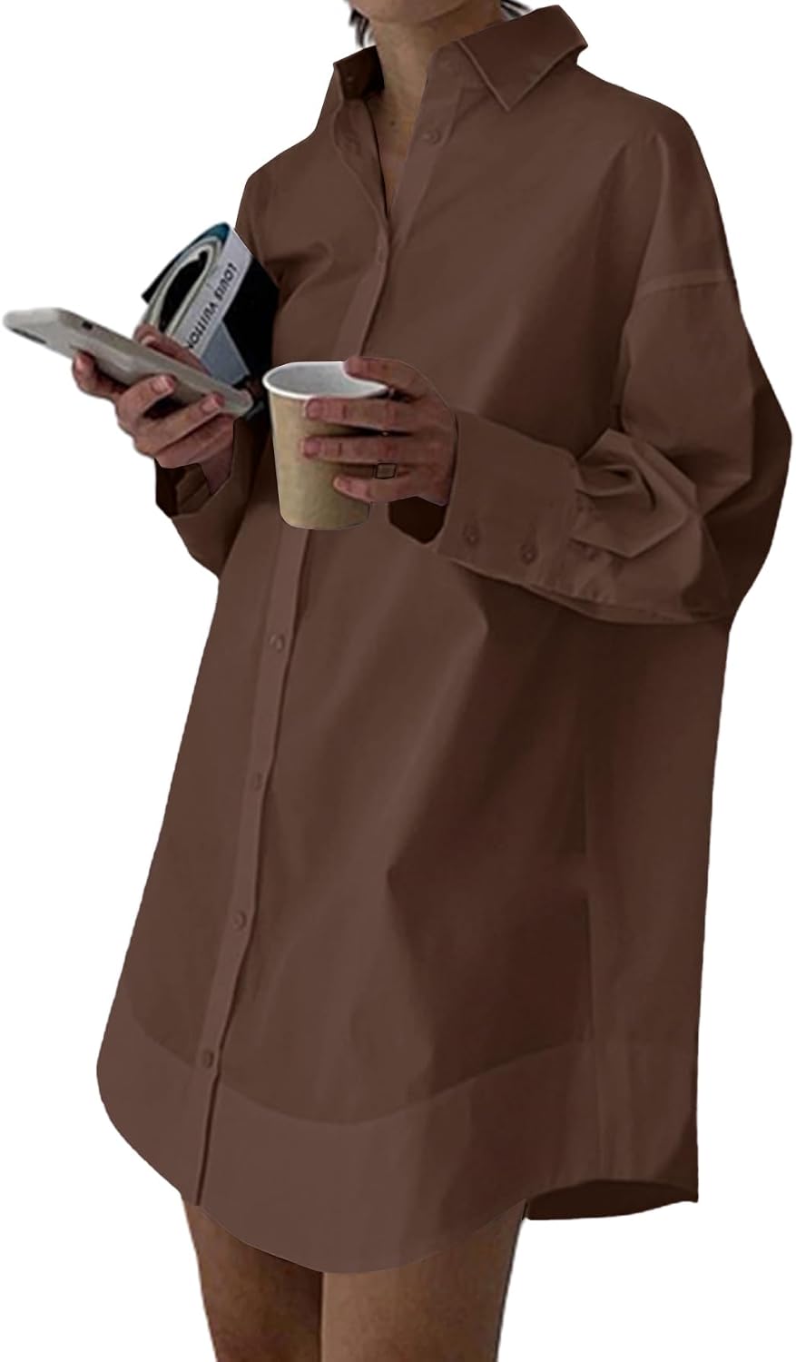 Collared V-Neck Long-Sleeve Button-Down Shirt Dress in Dark Brown