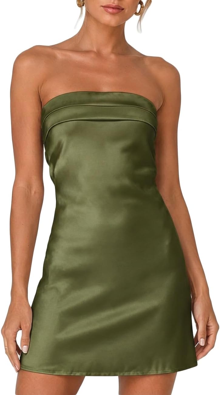 Satin Strapless Backless Tube Mini Dress in Olive