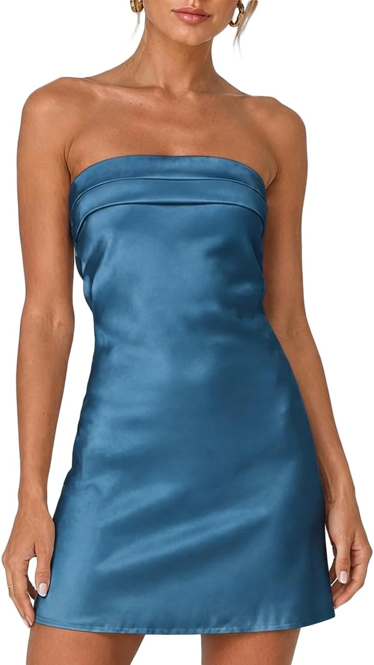 Satin Strapless Backless Tube Mini Dress in Dark Blue