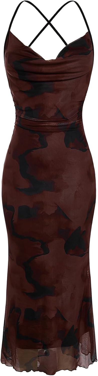 Floral Mesh Cowl-Neck Cami Maxi Dress in Multi Brown
