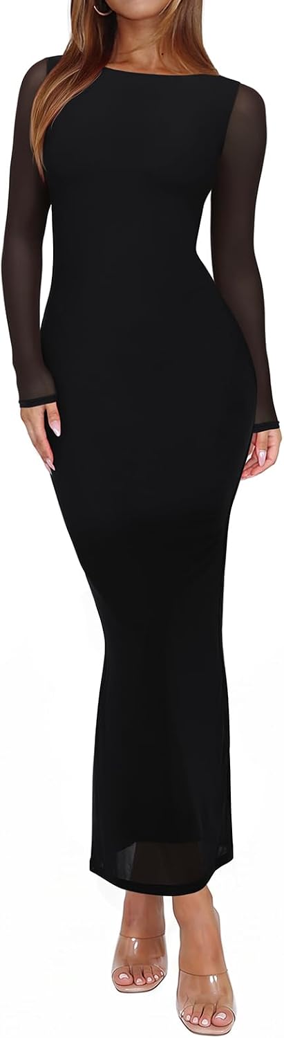 Sheer Mesh Long-Sleeve Floral Bodycon Maxi Dress in Black Onyx