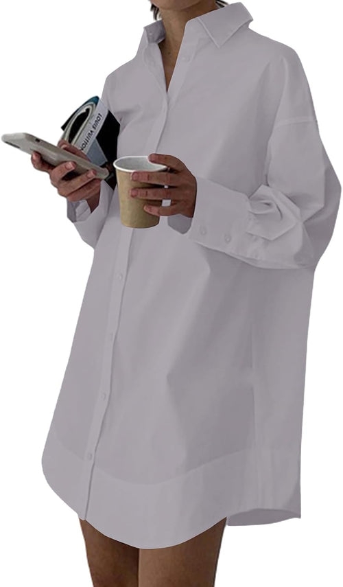 Collared V-Neck Long-Sleeve Button-Down Shirt Dress in Light Gray