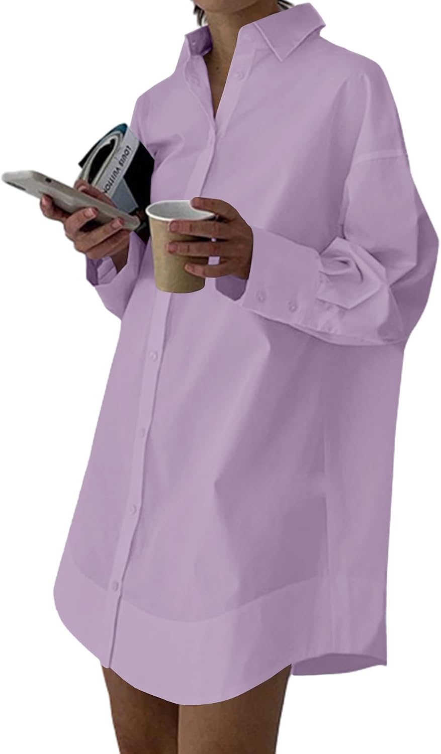Collared V-Neck Long-Sleeve Button-Down Shirt Dress in Solid Purple