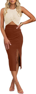 Rib Knit Twist-Front Cut-Out Midi Dress in Beige & brown
