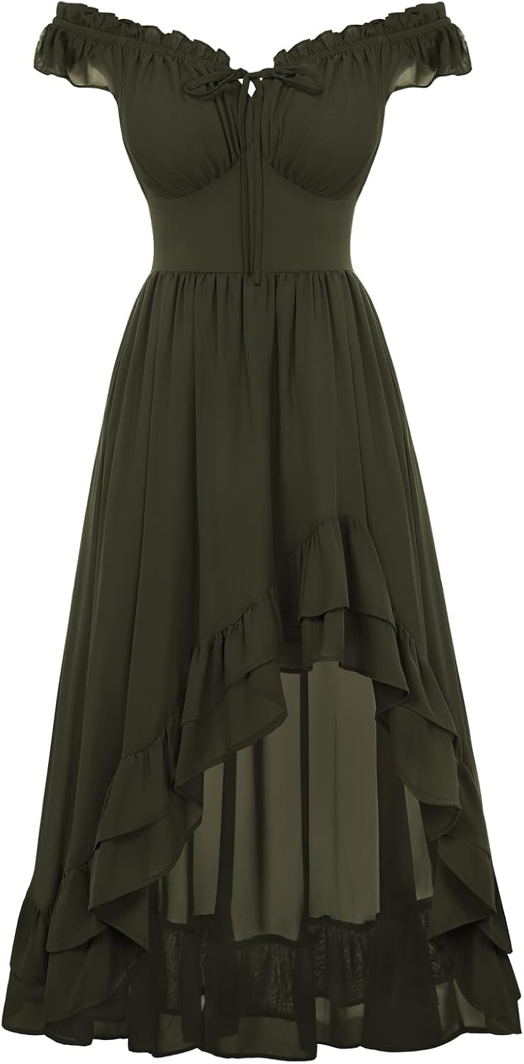 Off-Shoulder Chiffon Corset High-Low Dress in Dark Green