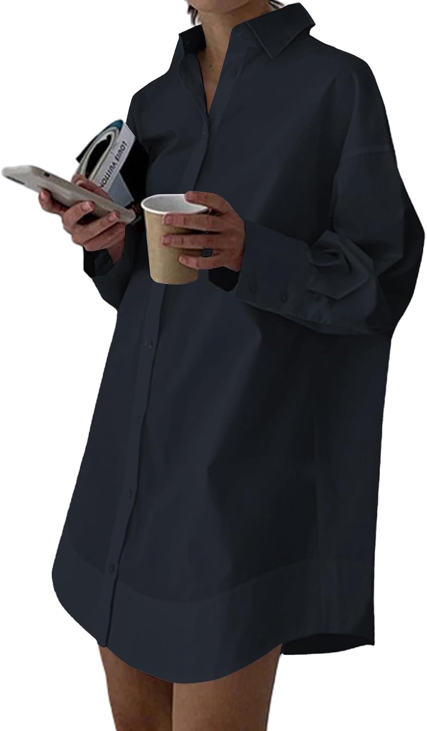 Collared V-Neck Long-Sleeve Button-Down Shirt Dress in Gray