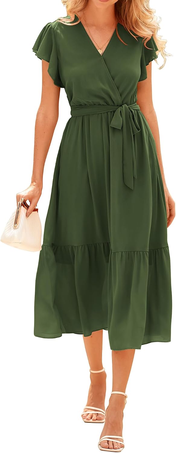 Swiss Dot Wrap V-Neck Belted Midi Dress in Solid Army Green