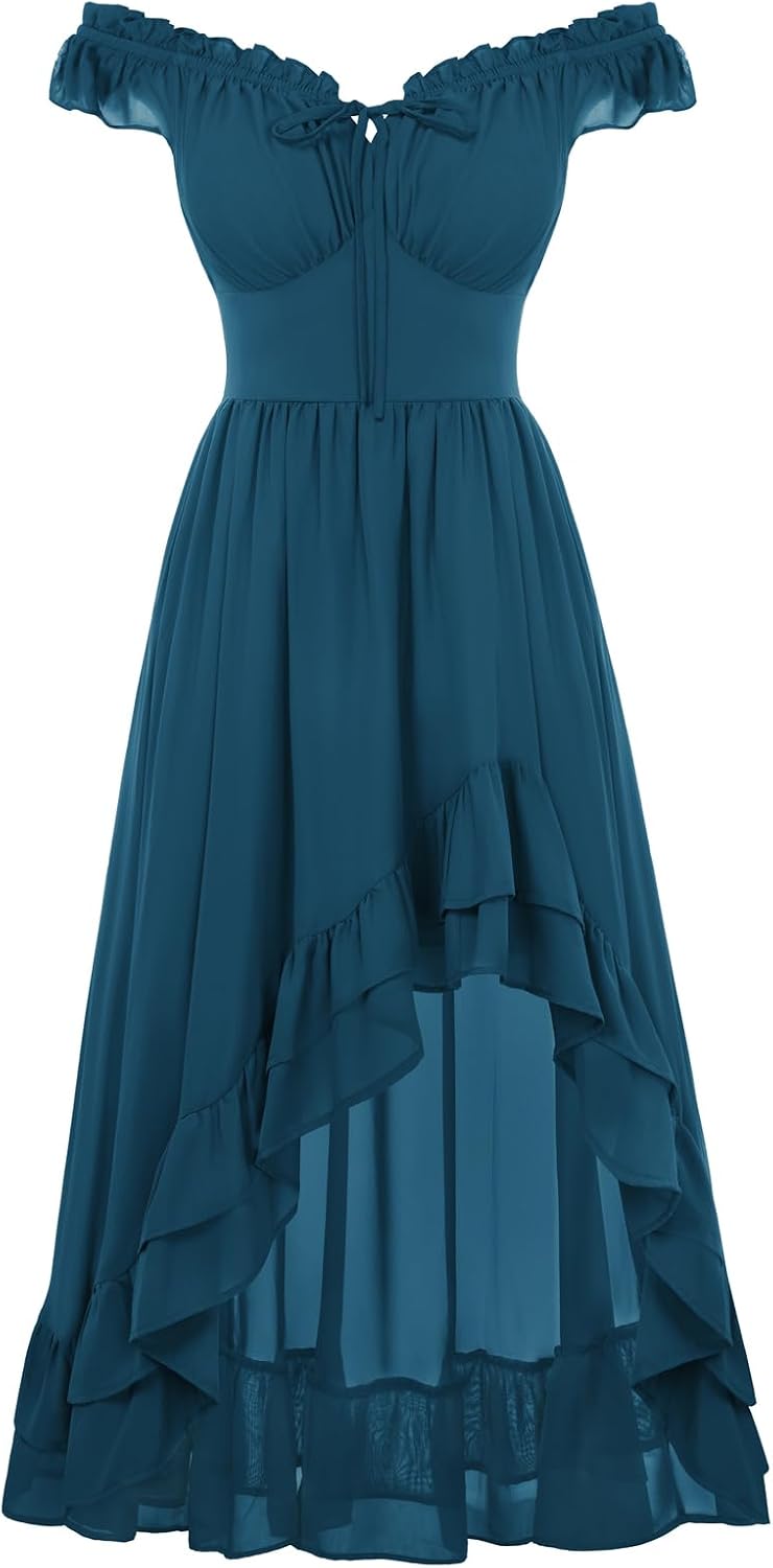 Off-Shoulder Chiffon Corset High-Low Dress in Vintage Blue