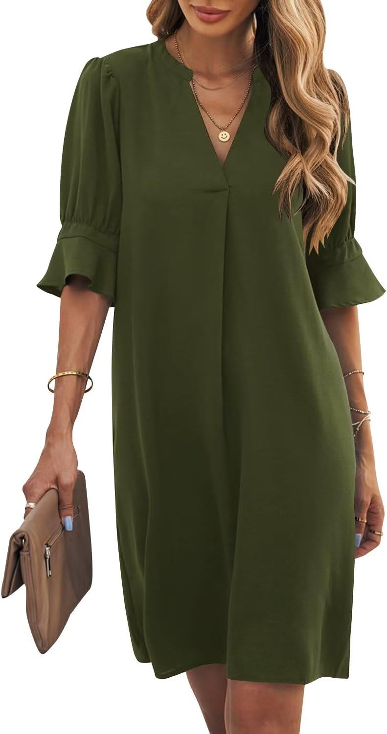 Ruffle-Sleeve V-Neck Swing Shift Mini Dress in Green