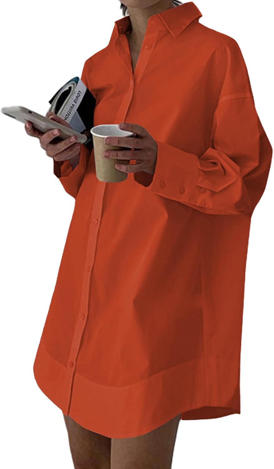 Collared V-Neck Long-Sleeve Button-Down Shirt Dress in Light Caramel