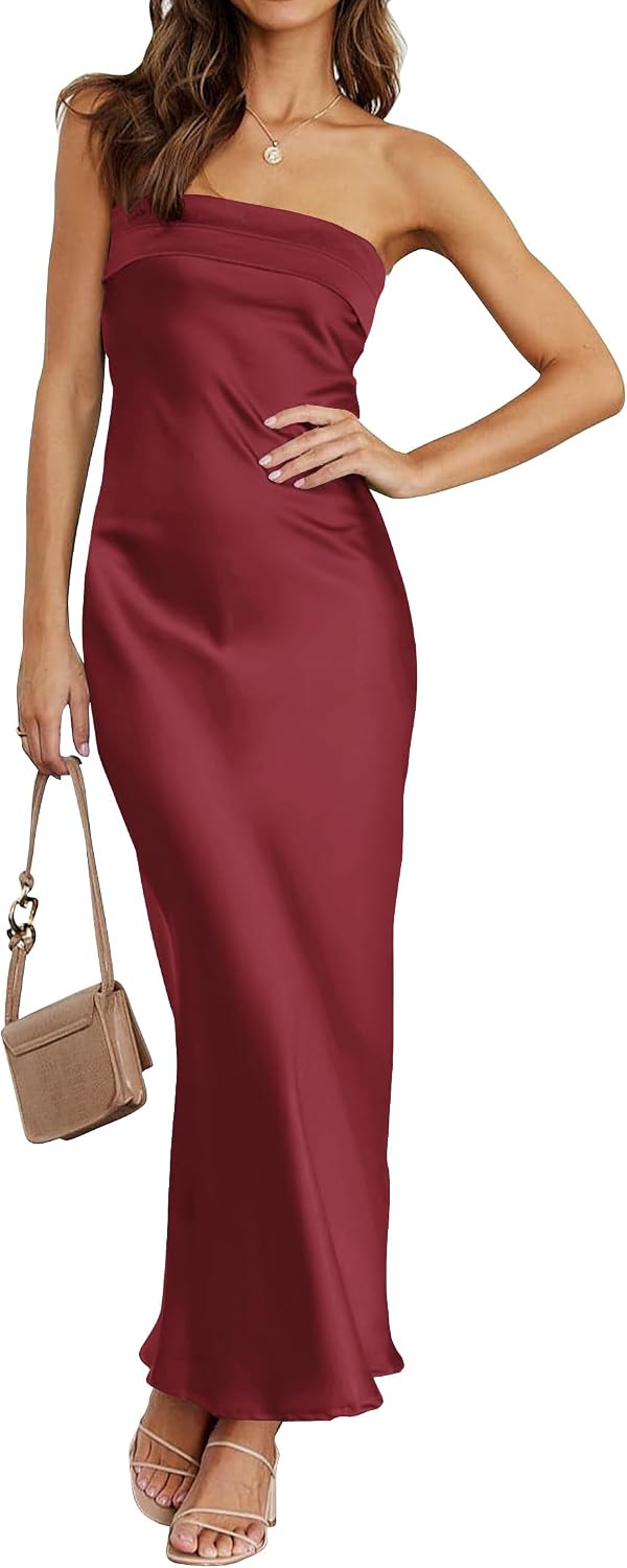 Satin Strapless Backless Bodycon Maxi Dress in Wine