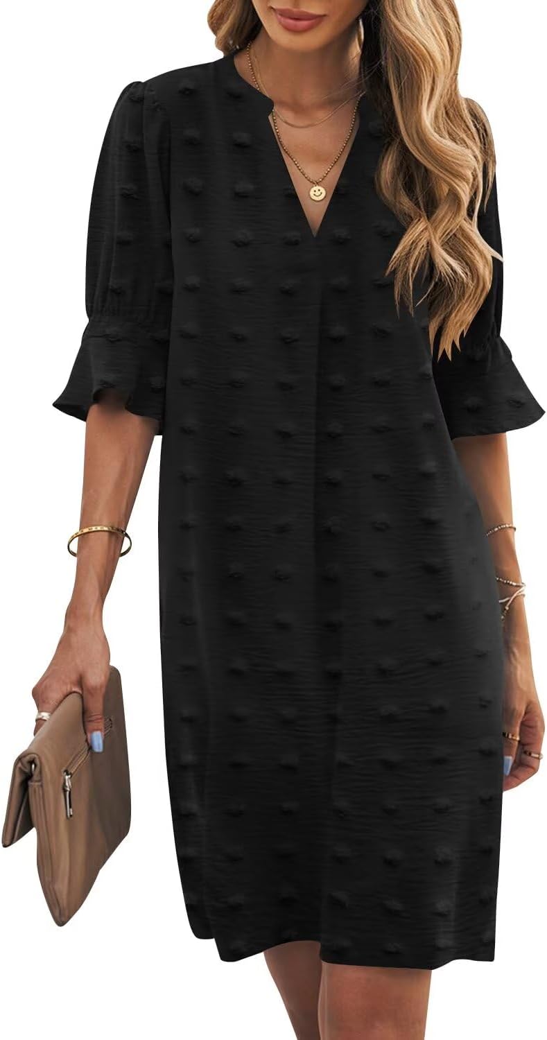 Ruffle-Sleeve V-Neck Swing Shift Mini Dress in Swiss Dot Black