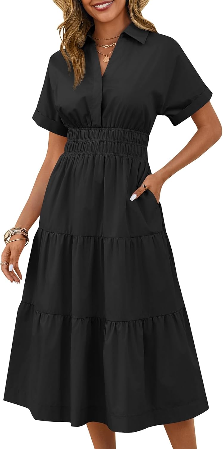 Collared Short-Sleeve Tiered Maxi Shirt Dress in Black